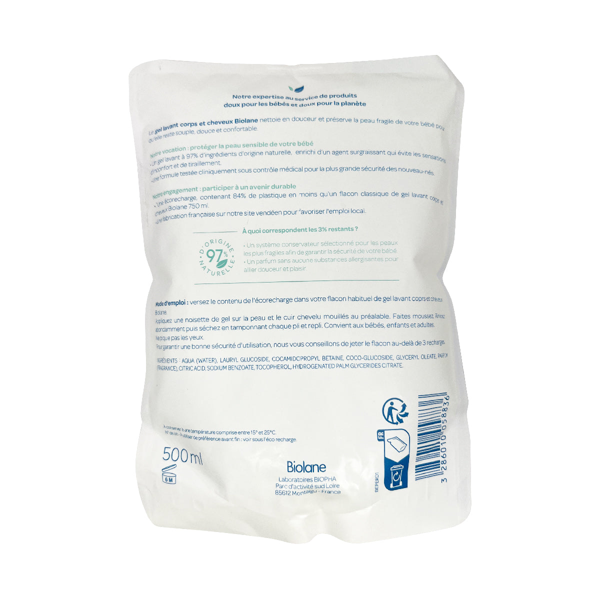 Biolane 法國貝兒 2合1沐浴/洗髮啫喱 (環保補充裝) 500 ml; EXP: Dec 2025